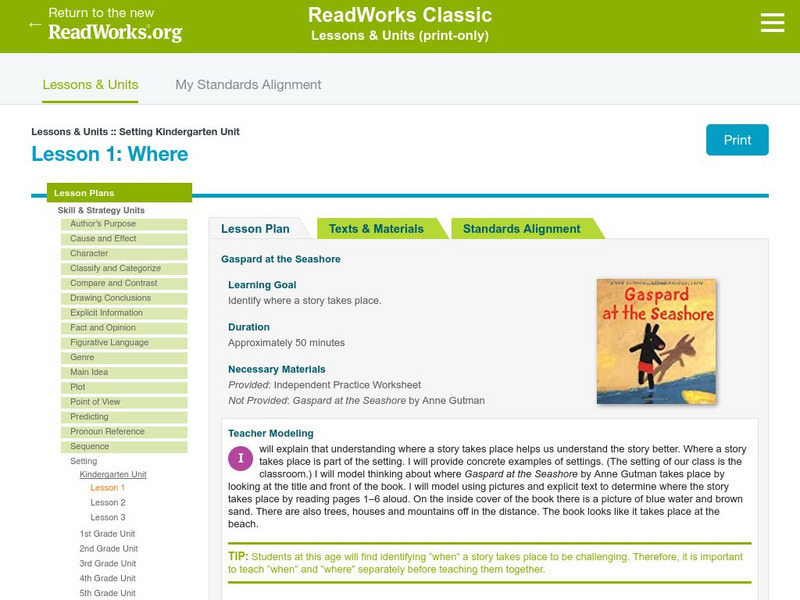Read Works: Setting Kindergarten Unit: Where Unit Plan Read Works: Setting Kindergarten Unit: Where Unit Plan