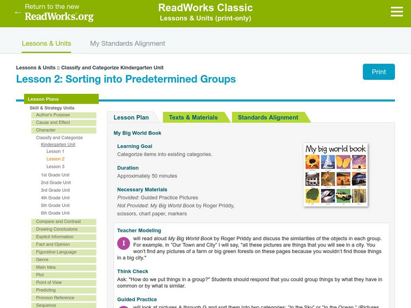 Read Works: Lessons: Lesson 2: Sorting Into Predetermined Groups Lesson Plan