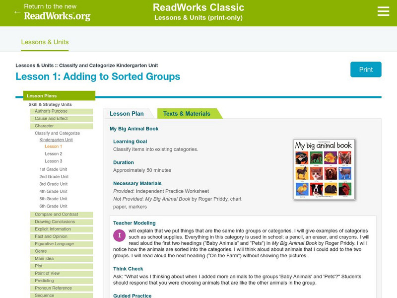 Read Works: Classify and Categorize Kindergarten Unit: Adding to Sorted Groups Lesson Plan Read Works: Classify and Categorize Kindergarten Unit: Adding to Sorted Groups Lesson Plan