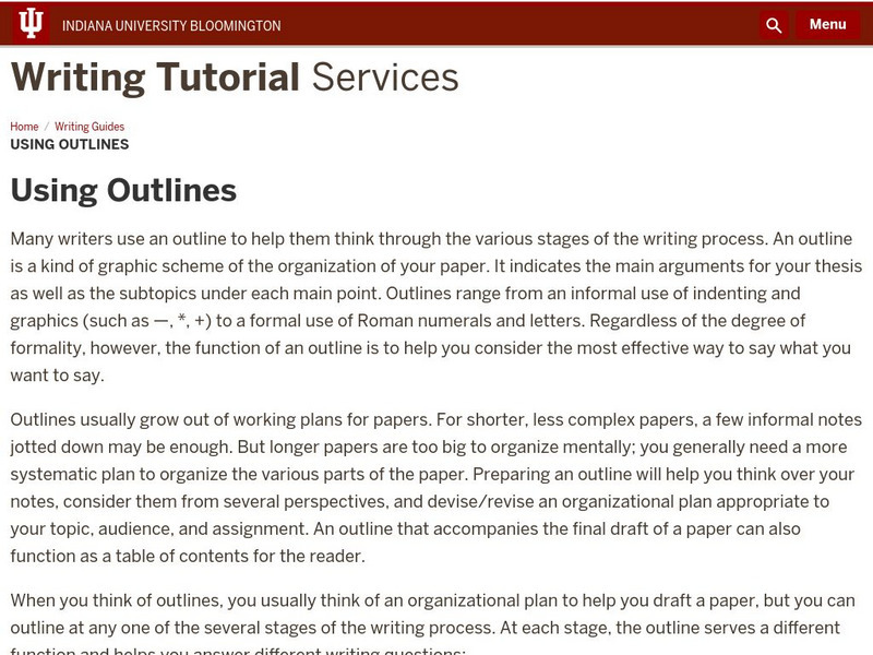 Indiana University: Writing Guides: Using Outlines Handout Indiana University: Writing Guides: Using Outlines Handout