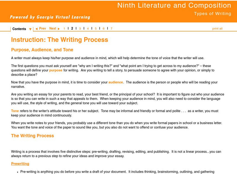 Ga Virtual Learning: Ninth Lit and Comp: Types of Writing: The Writing Process Unit Plan Ga Virtual Learning: Ninth Lit and Comp: Types of Writing: The Writing Process Unit Plan
