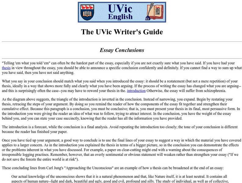 The U Vic Writer's Guide: Writing Essays: Essay Conclusions Handout The U Vic Writer's Guide: Writing Essays: Essay Conclusions Handout