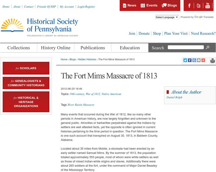 Historical Society of Pennsylvania: The Fort Mims Massacre of 1813 Article Historical Society of Pennsylvania: The Fort Mims Massacre of 1813 Article