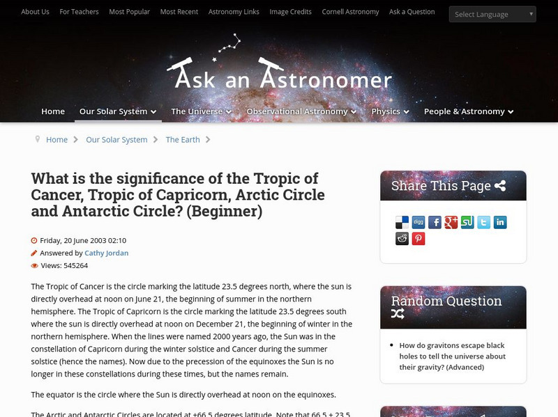 Cornell University: Tropic of Cancer, Tropic of Capricorn, Arctic Circle, & Antarctic Circle Website Cornell University: Tropic of Cancer, Tropic of Capricorn, Arctic Circle, & Antarctic Circle Website