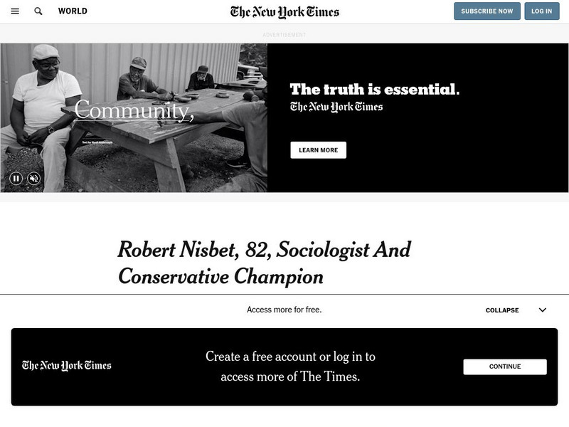 New York Times: Robert Nisbet, 82, Sociologist and Conservative Champion Article New York Times: Robert Nisbet, 82, Sociologist and Conservative Champion Article