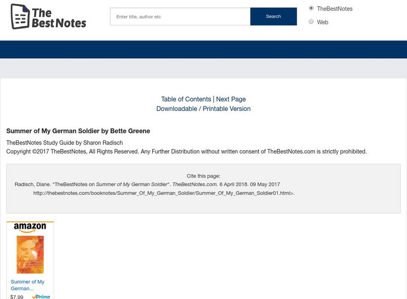 The Best Notes: Summer of My German Soldier by Bette Greene Unit Plan The Best Notes: Summer of My German Soldier by Bette Greene Unit Plan