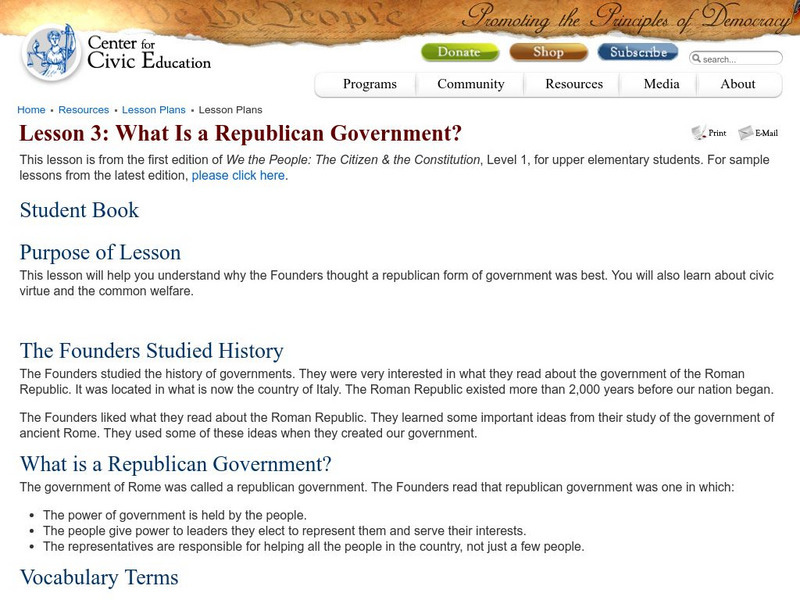 Center for Civic Education: What Is a Republican Government? Lesson Plan Center for Civic Education: What Is a Republican Government? Lesson Plan