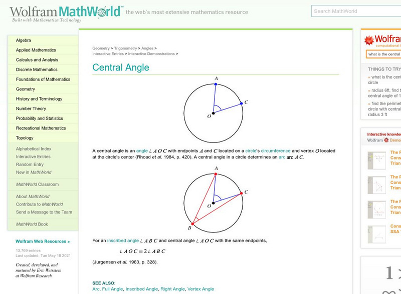 Wolfram Math World: Central Angle Handout Wolfram Math World: Central Angle Handout