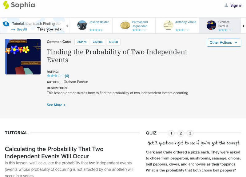 Sophia: Finding the Probability of Two Independent Events: Lesson 3 Instructional Video Sophia: Finding the Probability of Two Independent Events: Lesson 3 Instructional Video