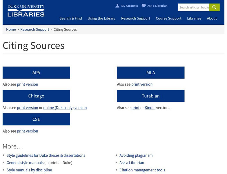 Duke Libraries: Citing Sources Handout Duke Libraries: Citing Sources Handout