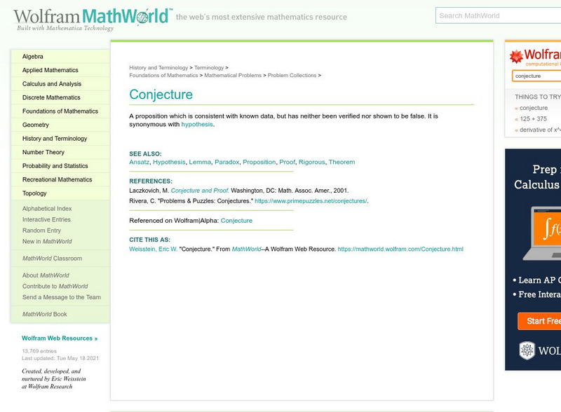 Wolfram Math World: Conjecture Handout Wolfram Math World: Conjecture Handout