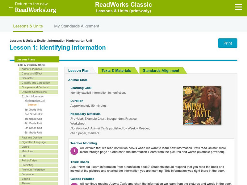 Read Works: Explicit Information Kindergarten Unit: Identifying Information Lesson Plan Read Works: Explicit Information Kindergarten Unit: Identifying Information Lesson Plan