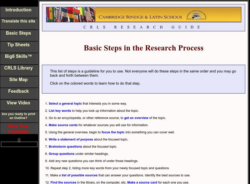 Cambridge Rindge & Latin School: Basic Steps in the Research Process Handout Cambridge Rindge & Latin School: Basic Steps in the Research Process Handout