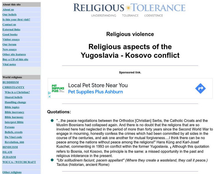 Religious Tolerance: Religious Aspects of the Yugoslavia Kosovo Conflict Handout Religious Tolerance: Religious Aspects of the Yugoslavia Kosovo Conflict Handout