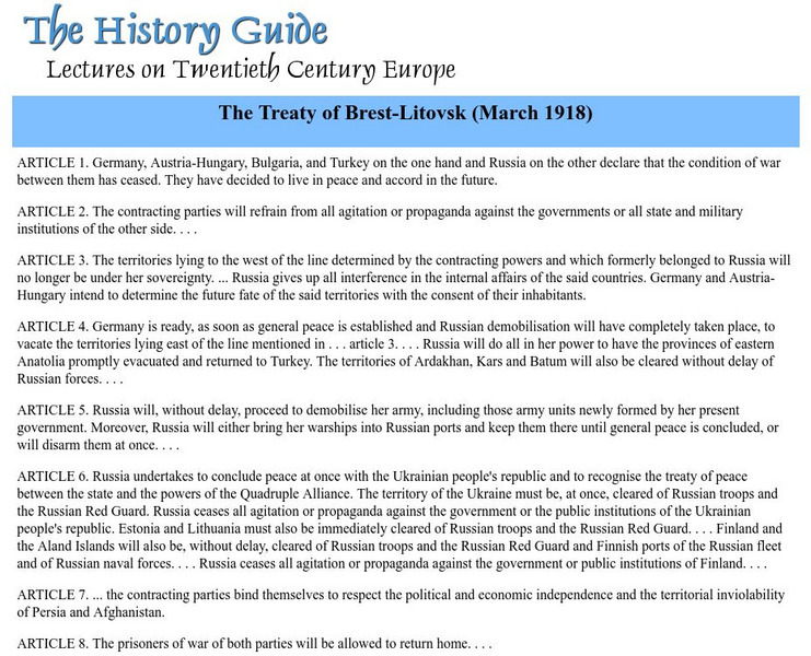 The History Guide: The Treaty of Brest Litovsk Primary
