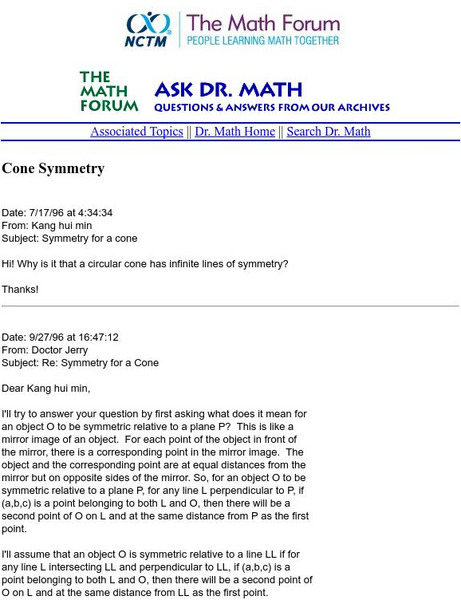 The Math Forum: Ask Dr. Math: Cone Symmetry Unit Plan The Math Forum: Ask Dr. Math: Cone Symmetry Unit Plan