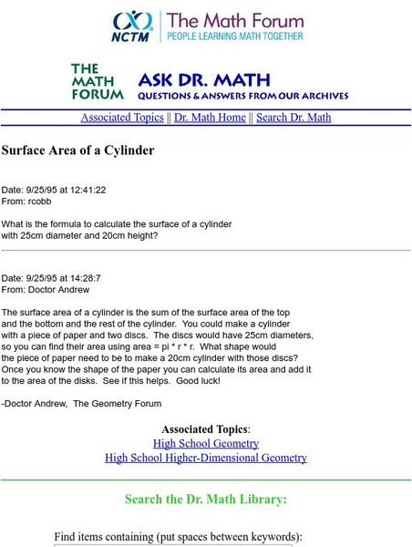 The Math Forum: Ask Dr. Math: Surface Area of a Cylinder Unit Plan The Math Forum: Ask Dr. Math: Surface Area of a Cylinder Unit Plan
