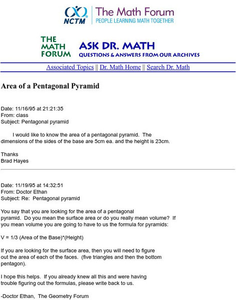The Math Forum: Ask Dr. Math: Area of a Pentagonal Pyramid Activity The Math Forum: Ask Dr. Math: Area of a Pentagonal Pyramid Activity