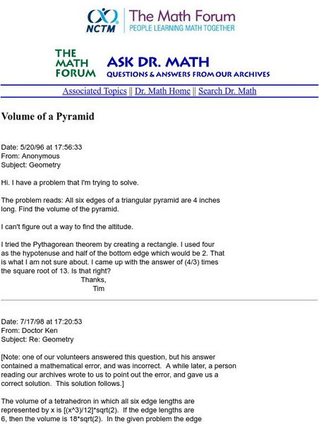 The Math Forum: The Volume of a Pyramid Activity The Math Forum: The Volume of a Pyramid Activity
