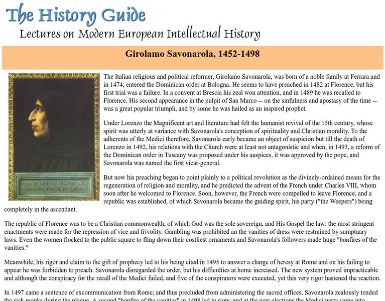 The History Guide: Girolamo Savonarola, 1452 1498 Handout