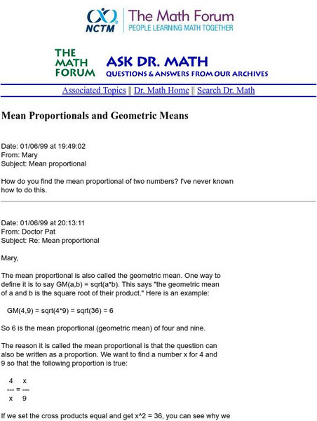 The Math Forum: Means Proportional and Geometric Means Website The Math Forum: Means Proportional and Geometric Means Website