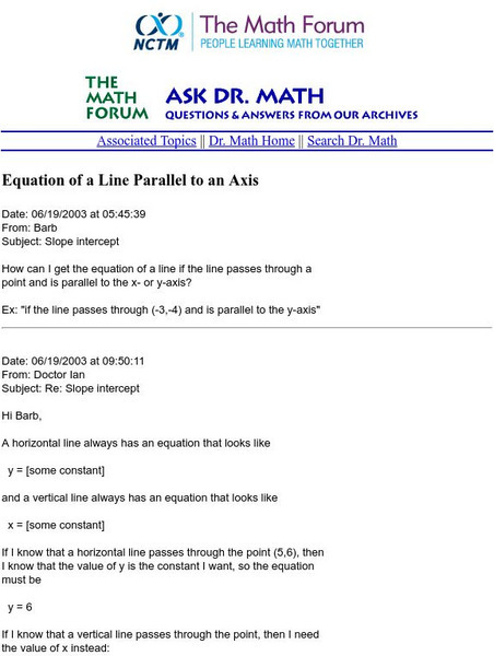 The Math Forum: Ask Dr. Math: Equation of a Line Parallel to an Axis Unit Plan The Math Forum: Ask Dr. Math: Equation of a Line Parallel to an Axis Unit Plan