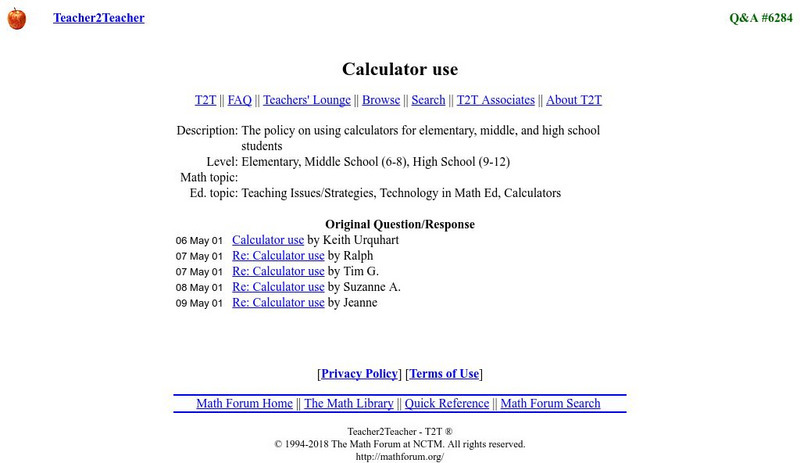 The Math Forum: Teacher 2 Teacher: Use of Calculator Discussion Room Professional Doc The Math Forum: Teacher 2 Teacher: Use of Calculator Discussion Room Professional Doc