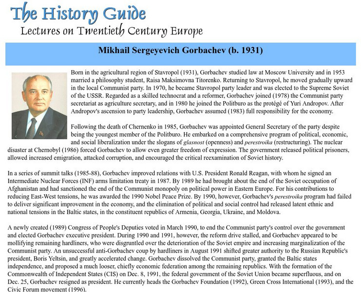 The History Guide: Mikhail Sergeyevich Gorbachev Handout The History Guide: Mikhail Sergeyevich Gorbachev Handout