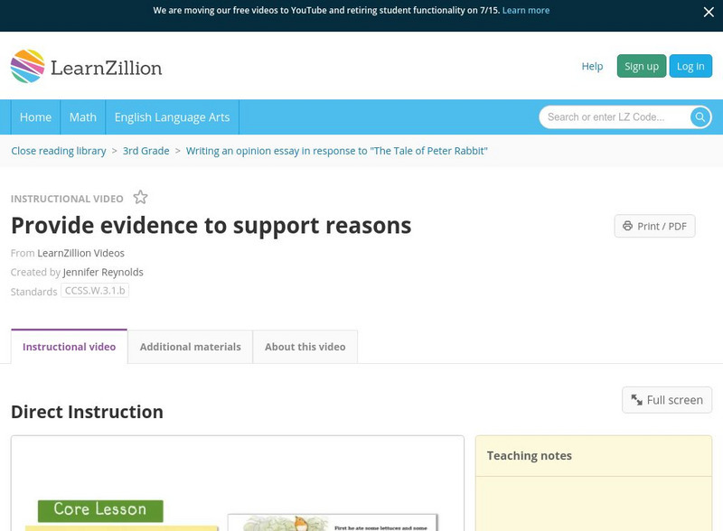 Learn Zillion: Provide Evidence to Support Reasons Instructional Video Learn Zillion: Provide Evidence to Support Reasons Instructional Video