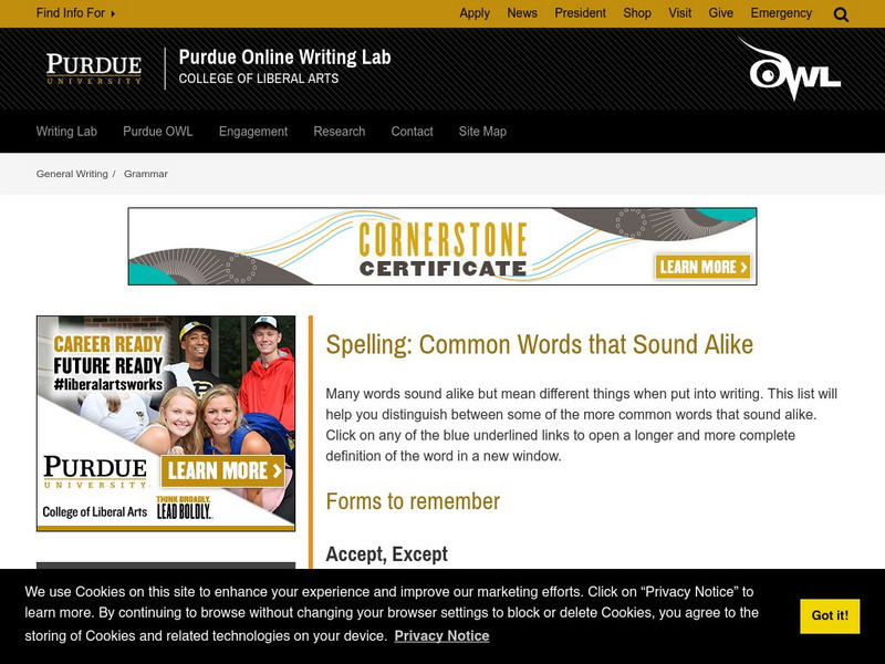 Purdue University Owl: Spelling: Common Words That Sound Alike Handout Purdue University Owl: Spelling: Common Words That Sound Alike Handout