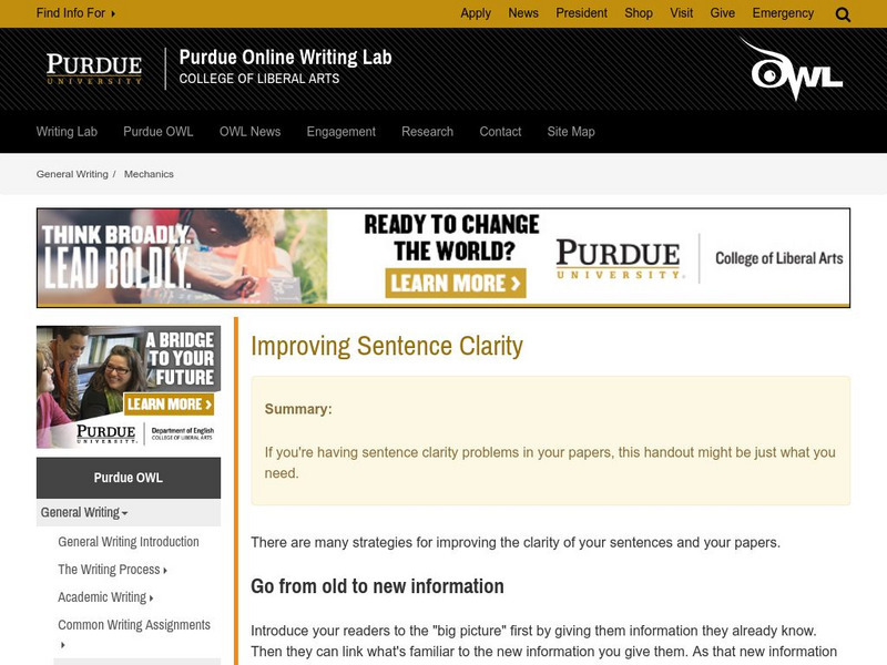 Purdue University Owl: Improving Sentence Clarity Handout Purdue University Owl: Improving Sentence Clarity Handout