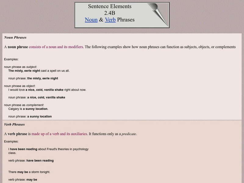 University of Calgary: Sentence Elements: Noun & Verb Phrases Handout University of Calgary: Sentence Elements: Noun & Verb Phrases Handout