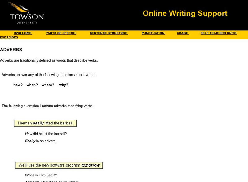 Towson University: Online Writing Support: Adverbs Handout Towson University: Online Writing Support: Adverbs Handout