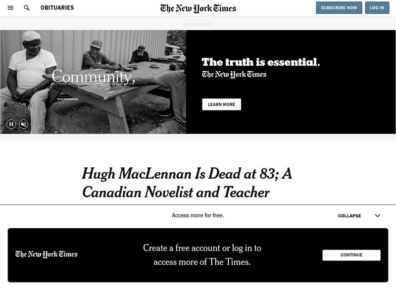 New York Times: Hugh Mac Lennan Is Dead at 83; A Canadian Novelist and Teacher Website New York Times: Hugh Mac Lennan Is Dead at 83; A Canadian Novelist and Teacher Website