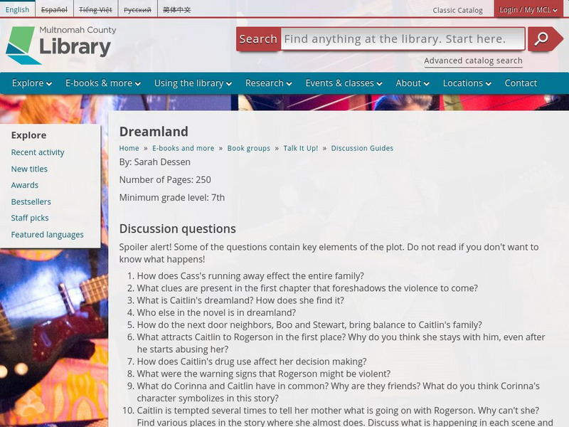 Multnomah County Library: Discussion Guide for Dreamland Unknown Type
