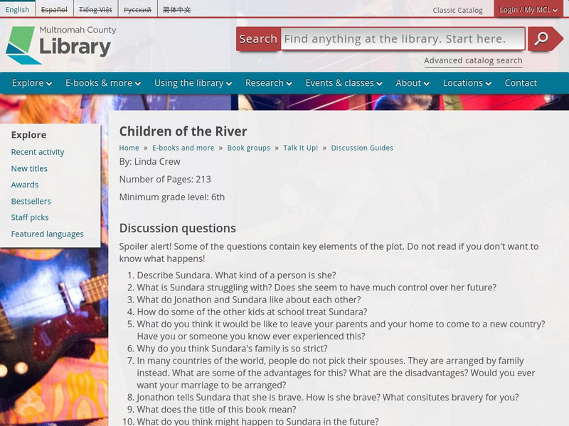 Multnomah County Public Library: Children of the River Book Discussion Unknown Type Multnomah County Public Library: Children of the River Book Discussion Unknown Type