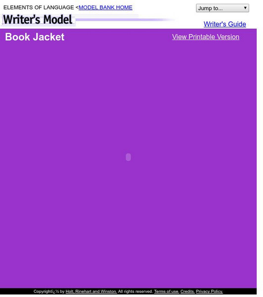 Holt, Rinehart and Winston: Writer's Model: Frankenstein Book Jacket Example Unit Plan Holt, Rinehart and Winston: Writer's Model: Frankenstein Book Jacket Example Unit Plan