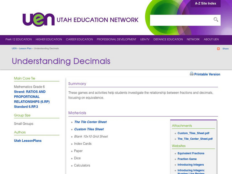 Uen: Understanding Decimals Lesson Plan Uen: Understanding Decimals Lesson Plan