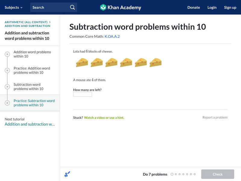 Khan Academy: Subtraction Word Problems Within 10 Unknown Type Khan Academy: Subtraction Word Problems Within 10 Unknown Type