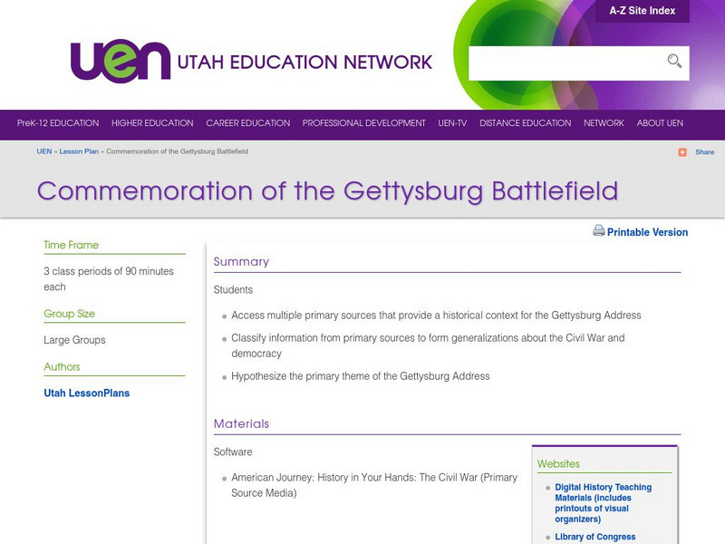 Uen: Commemoration of the Gettysburg Battlefield Lesson Plan Uen: Commemoration of the Gettysburg Battlefield Lesson Plan