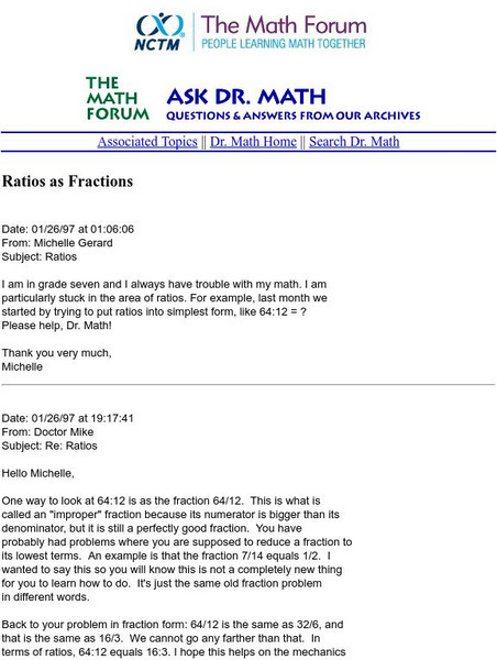 The Math Forum: Ratios and Fractions Handout The Math Forum: Ratios and Fractions Handout