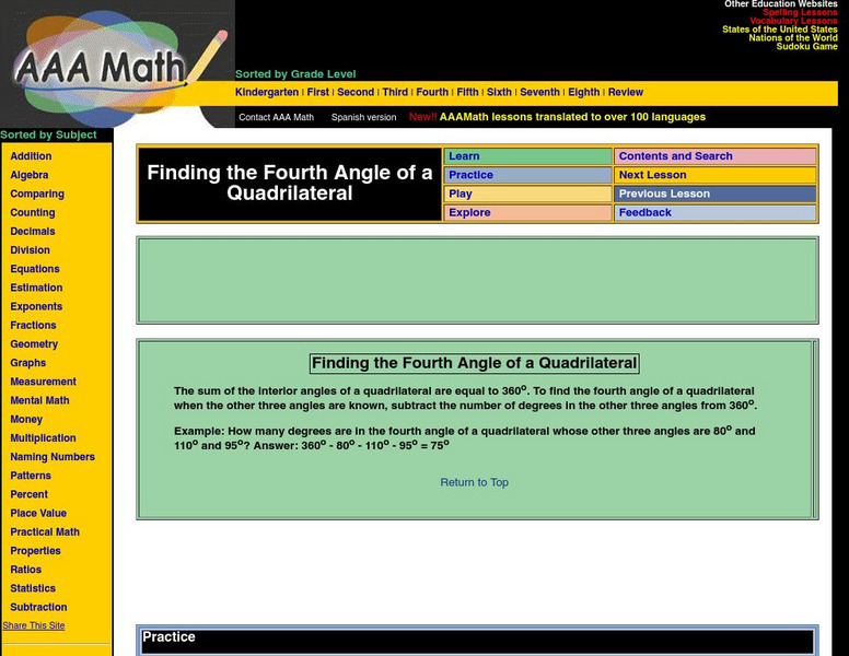 Aaa Math: Finding the Fourth Angle of a Quadrilateral Activity Aaa Math: Finding the Fourth Angle of a Quadrilateral Activity