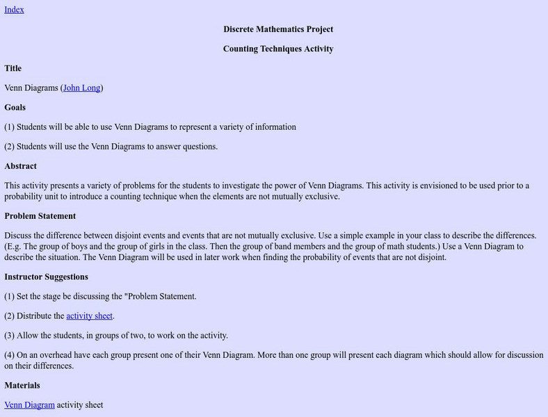 University of Colorado: Discrete Mathematics Project: Venn Diagram Activity Lesson Plan University of Colorado: Discrete Mathematics Project: Venn Diagram Activity Lesson Plan