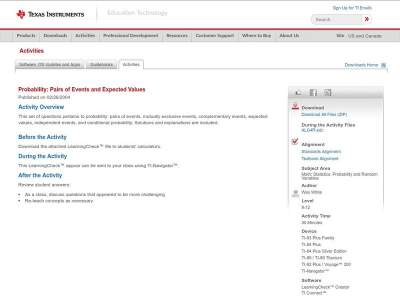 Texas Instruments: Probability: Pairs of Events and Expected Values Activity Texas Instruments: Probability: Pairs of Events and Expected Values Activity