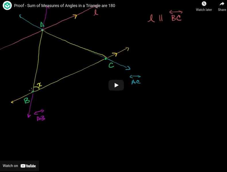 Khan Academy: Geometry: Proof Sum of Measures of Angles in a Triangle Are 180 Instructional Video