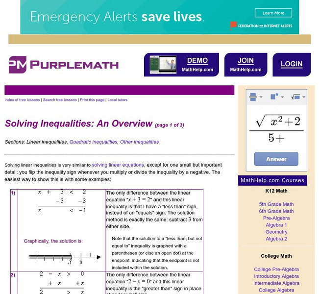 Purplemath: Solving Inequalities: An Overview Graphic Purplemath: Solving Inequalities: An Overview Graphic