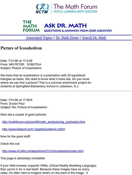 The Math Forum: Pictures of Icosahedrons Unit Plan The Math Forum: Pictures of Icosahedrons Unit Plan