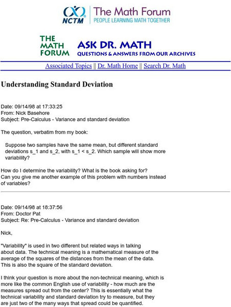 The Math Forum: Understanding Standard Deviation Handout The Math Forum: Understanding Standard Deviation Handout