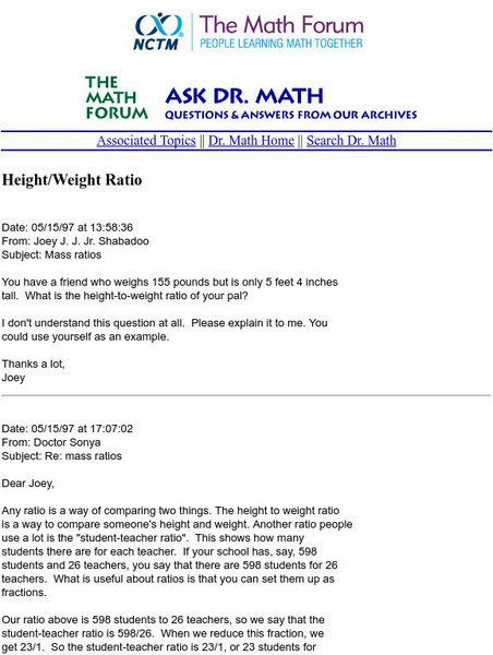 The Math Forum: Height to Weight Ratio Website The Math Forum: Height to Weight Ratio Website