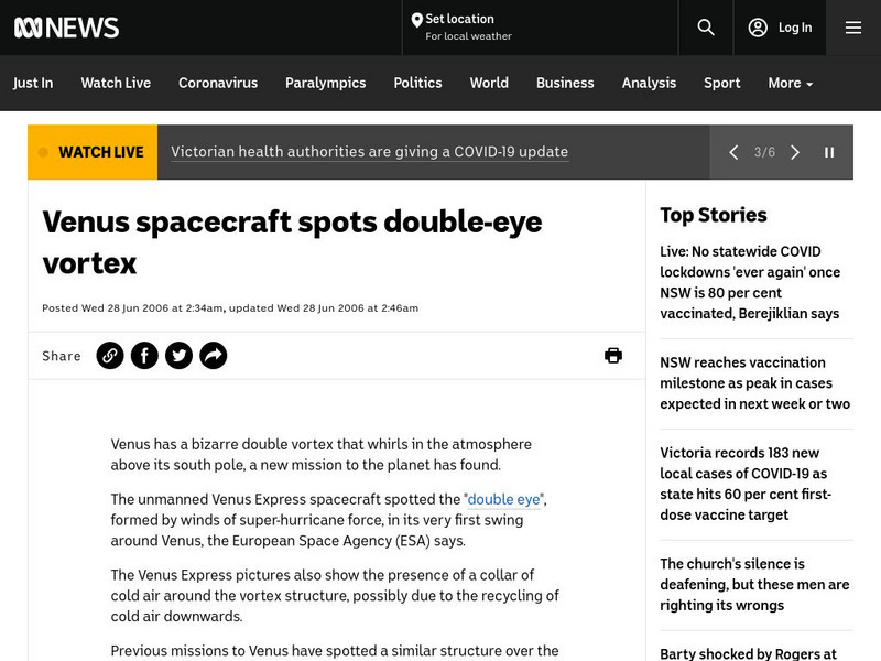 Australian Broadcasting Corporation: News in Science: Double Eye Vortex at Venus' South Pole Article Australian Broadcasting Corporation: News in Science: Double Eye Vortex at Venus' South Pole Article